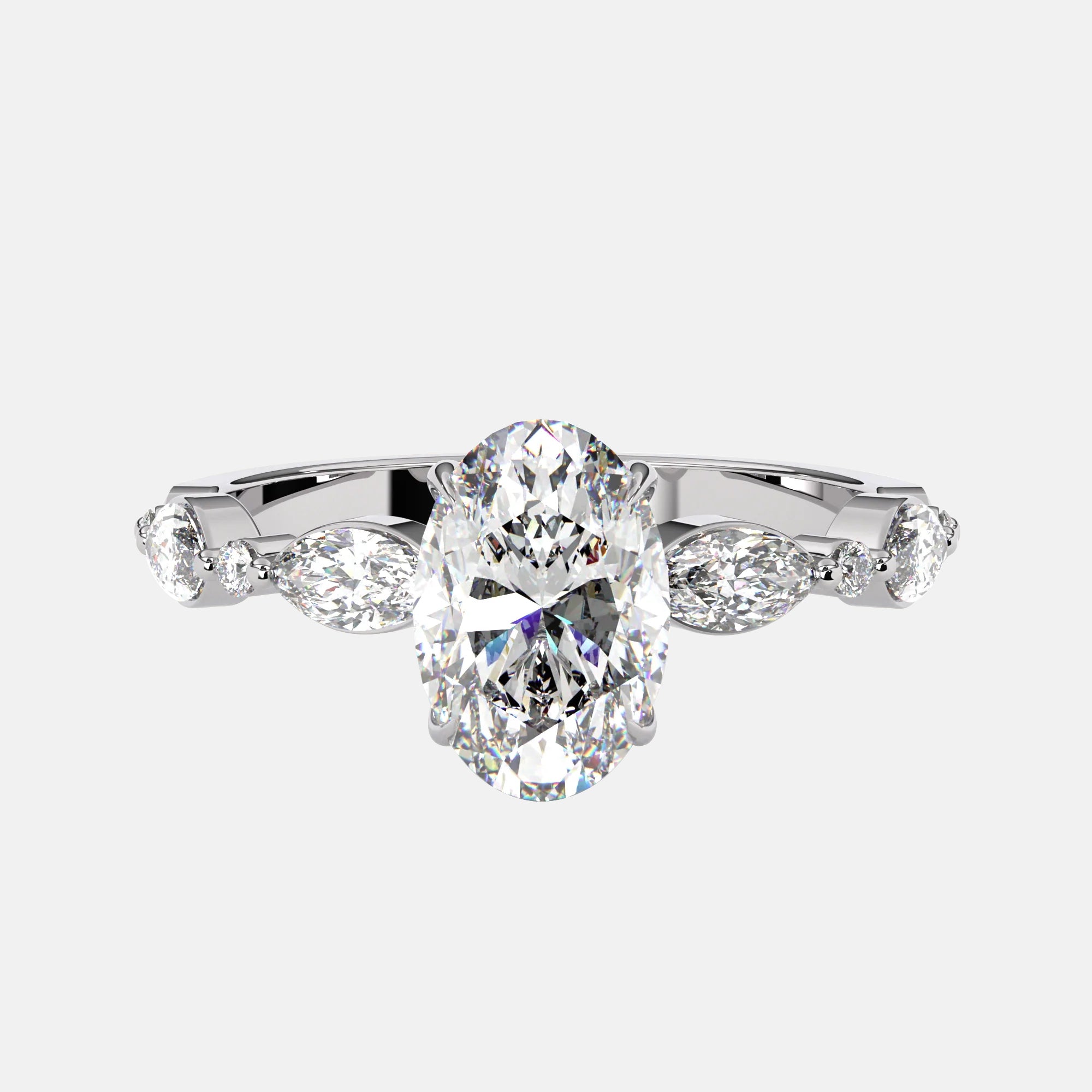 The Avery Ring - 10x8mm (2.9ct) Moissanite Oval Solitaire with Marquise and Round Brilliant Band