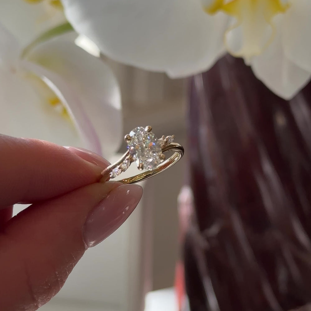 
                      
                        Load and play video in Gallery viewer, The Amira Ring - 1.55ct Lab Grown Diamond Oval with Marquise Accents
                      
                    